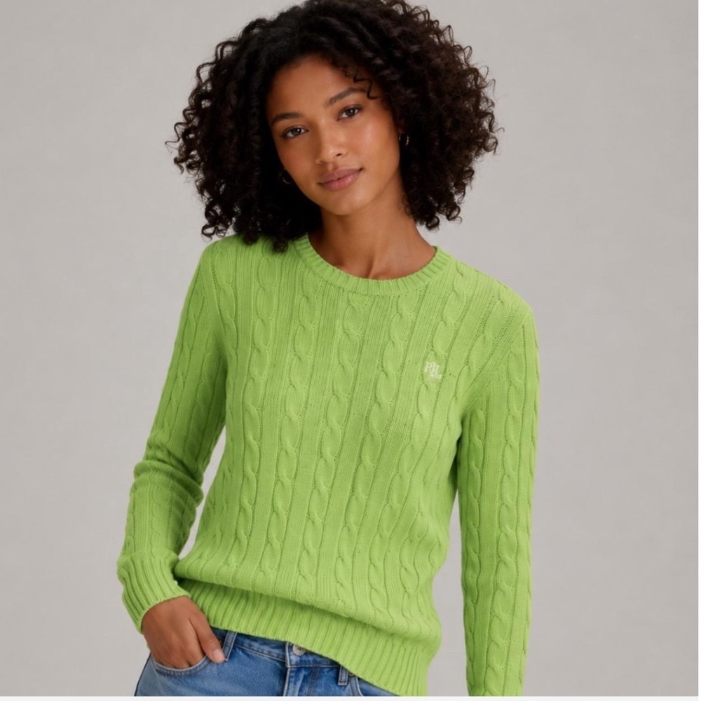 Ralph Lauren Sport Sweater Women Medium Green Cable Knit Cotton Crewneck